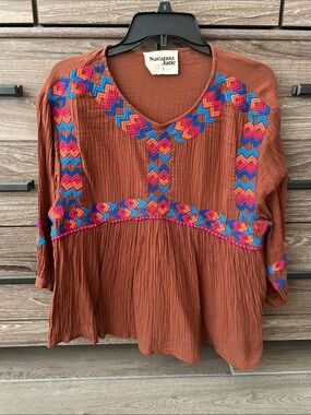 Savanna Jane Rust Embroidered Geometric Peasant Tunic